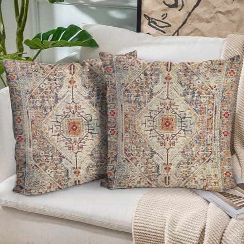 BUAEL Boho Throw Pillow Covers 24x24 inch Set of 2,Boho Vintage Carpet Pattern Antique Ethnic Decor Double Sided Pattern Cushion Cover Soft Pillow Case Living Sofa Room Bed Square Pillow Cover