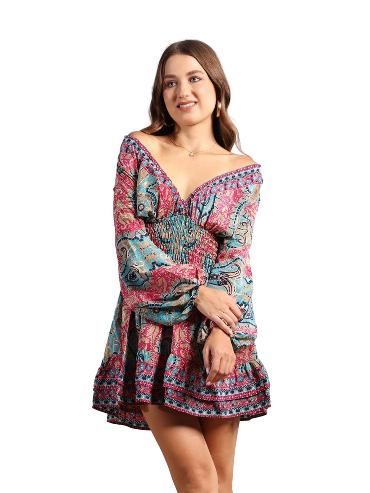 KE KanhaExports Short Dress For Women's & Girls Unique Border Design & Tassel, Adjustable Drawstring, Free Size,Fit Flared Floral Print V-Neck Western Dresses All Seasons-10618, Tulip, Midi