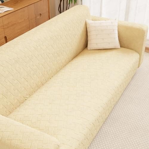 Lukzer 1 Seater Pastel Yellow Basket Weave Pattern Sofa Cover | 240 GSM Universal Stretch Fit Jacquard Fabric Couch Protector | Fully Covered Anti Slip & Washable Sofa Cover (90-140cm/SC-112-01)