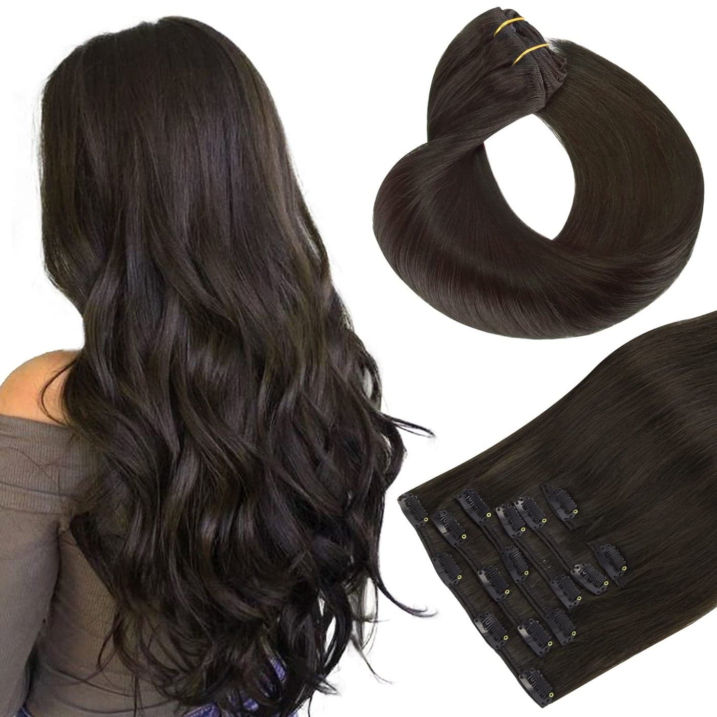 HOTBANANA Human Hair Clip in Hair Extensions Dark Brown 120g Clip in Hair Extensions Real Human Hair Straight Remy Hair Clip in Hair Extensions 14 Inch 7pcs