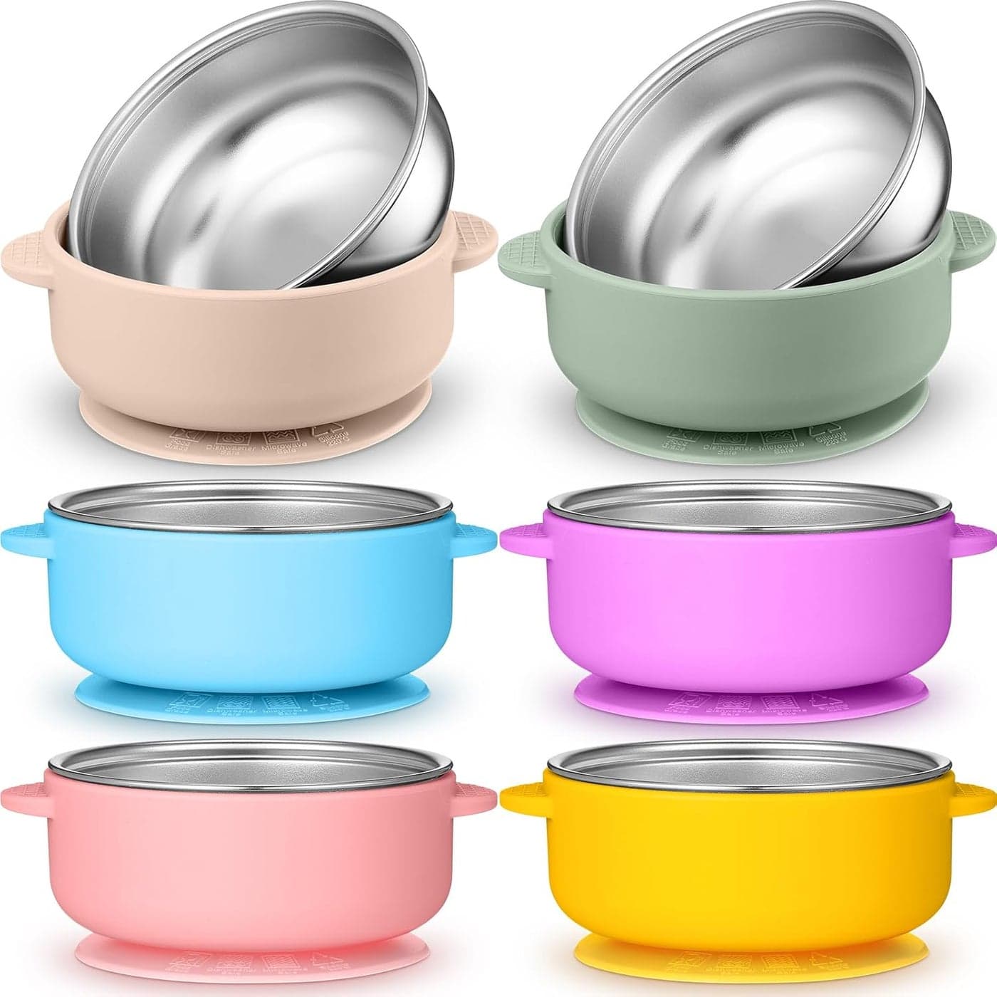 Nuogo 6 Pcs Stainless Steel Baby Bowls with Removable Silicone Shell 304 Toddler Bowls Kids Anti Scald Snack Container for Food Feeding Dishwasher SafeVivid ColorSuctiona