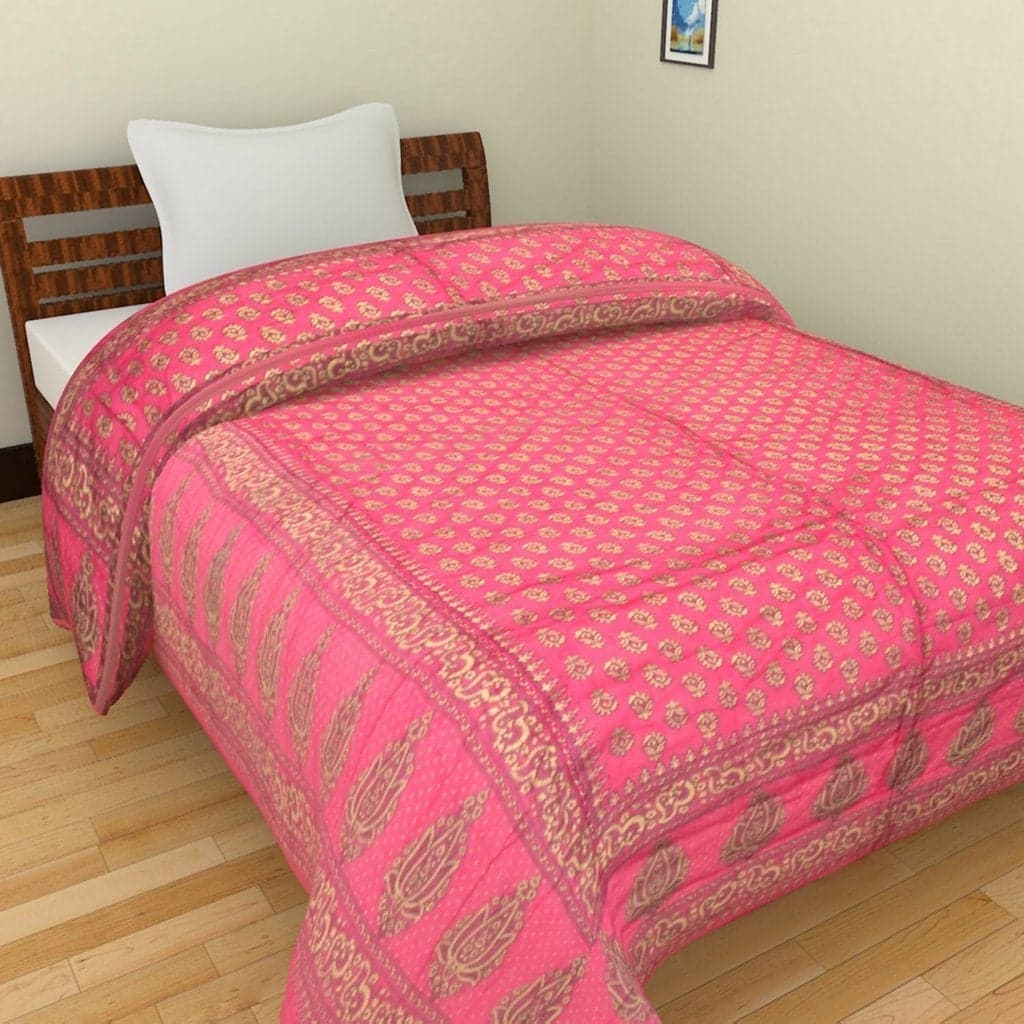 SVT Jaipuri World Famous Light Weight Pure Cotton Traditional Rajasthani Single Quilt Bed Gold Pink