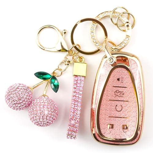 Rayslesan Sparkly Key Fob Cover with Cherry Keychain, Bling TPU Smart Key Case for Women, Compatible with Chevy Camaro Cruze Bolt EV Equinox Malibu Sonic Spark Traverse Trax (5-Button, Gold Pink)