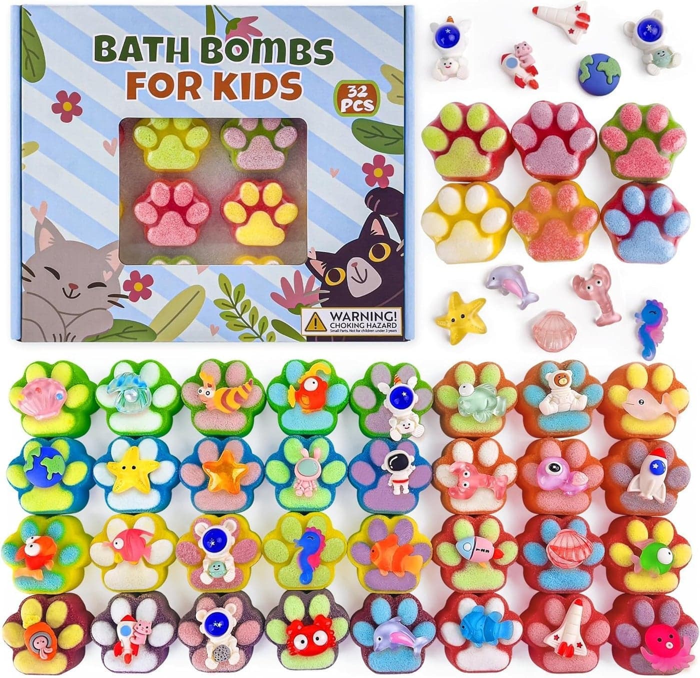 32PCS Bath Bomb for Kids Paw Bath Bombs with Surprise Sea Animal Space Astronauts Toy Inside Organic Natural Bubble Bath Bombs with Gift Tin Box Best Birthday Easter Party Gift for Boys Girls