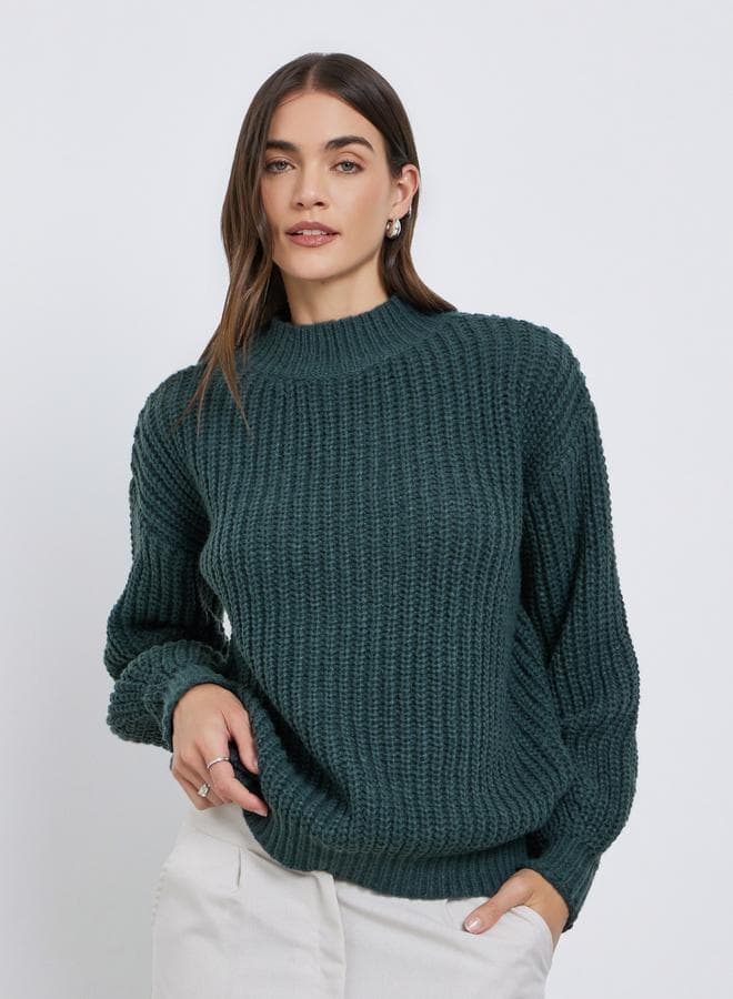 Styli Dark Green High Neck Chunky Knit Sweater
