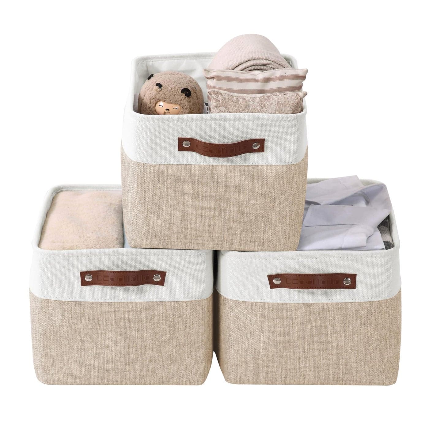 DECOMOMO Storage Baskets for Shelves Fabric Storage Bins Linen Closet Organizers and Storage Beige White Large 3 Pack