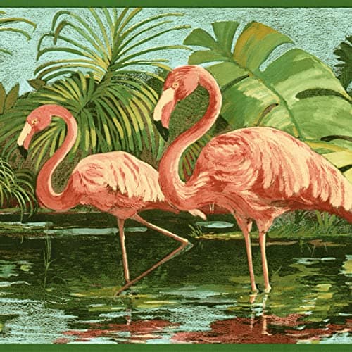 CONCORD WALLCOVERINGS Wallpaper Border Tropical Pattern Flamingo on The Pond Palm Leaves for Beach House Bathroom Powder Room Green Pink 15 ft by 103 in DB3715B