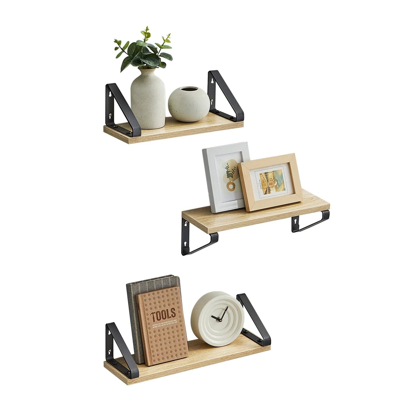 VASAGLE Wall Shelves Floating Shelves Wall Mounted Set of 3 2 Mounting Ways 303540 cm for Living Room Bathroom Kitchen Golden Oak and Matte Black LWS033B11