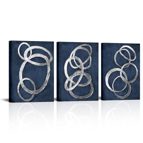 iKNOW FOTO Set of 3 Modern Abstract Blue and Silver Circle Canvas Prints Contemporary Artwork Painting for Bedroom and Bathroom Stretched Canvas Ready to Hang Each Panel 12x16 inches