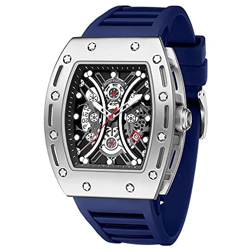 AIMES Mens Watches Military Sports Watch for Men Luxury Silver Square Skeleton Chronograph Big Face Luminous Waterproof Analog Quartz Business Wristwatch Blue Silicon Strap Dress Watch