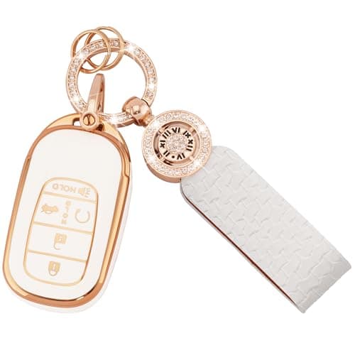 Koaudb for Honda Key Fob Cover 5 Buttons Soft TPU Smart Car Key Case for 2026 2025 2024 2023 2022 Honda 5 Buttons Civic Accord Pilot CRV HRV White Key Protector with Bling Leather KeychainCHod5R