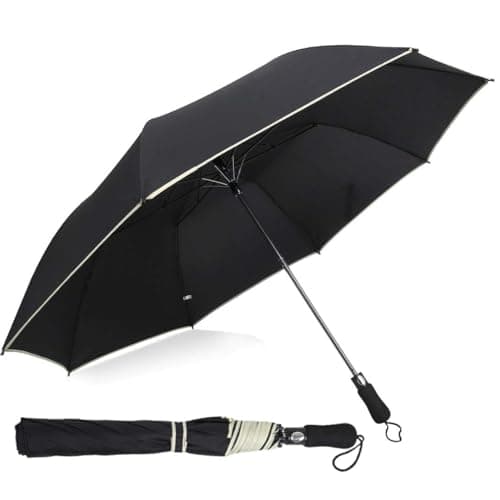 Filloxy Large Automatic button Umbrella, 56-inch Double Layer with Reflective Stripe Big canopy, 8 Ribs Windproof Design Heavy Material, Black