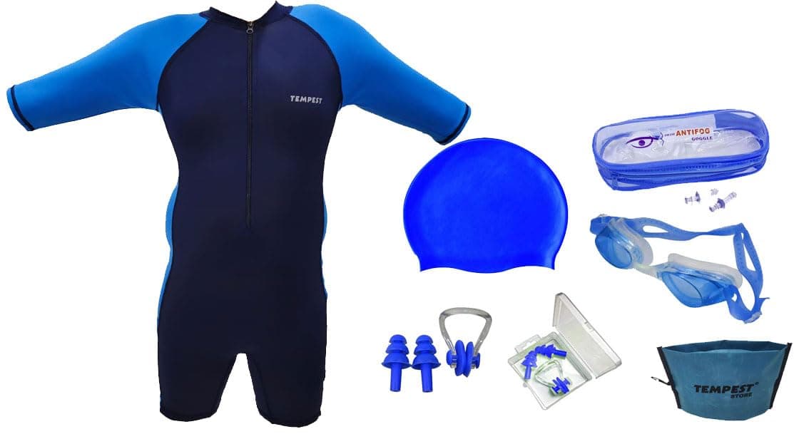 Tempest Swimming Kit for Boys with One piece Half Sleeve Swimming Costume for Boys | Swim Suit | Swimwear | Swimming Dress Goggles Cap Ear Plug Nose Clip with KIT Bag (Blue, 3-4 Years)