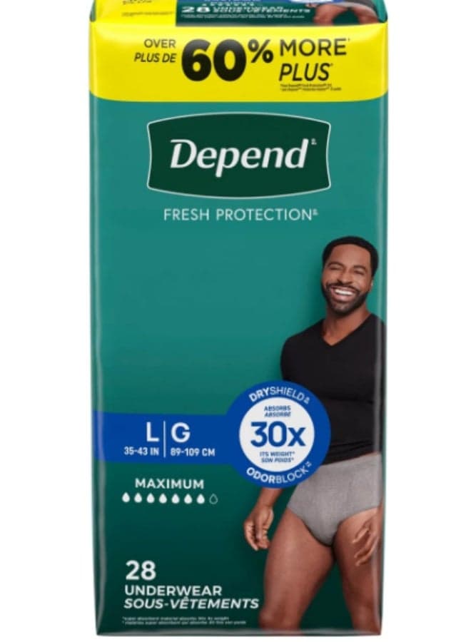 Fresh Protection Adult Incontinence Underwear for Men (Formerly Depend Fit-Flex), Disposable, Maximum, Large, Grey, 28 Count, Packaging May Vary