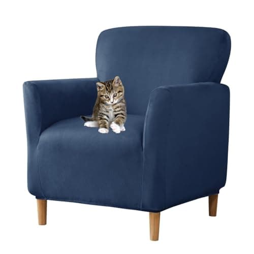 SONNACH Stretch Chair Covers with Arms 1-Piece Banquet Armchair Slipcover Velvet Mid Century Modern Armchair Slipcover Anti-Slip Furniture Protector for Living Room Friendly for Kids Pets (Navy)