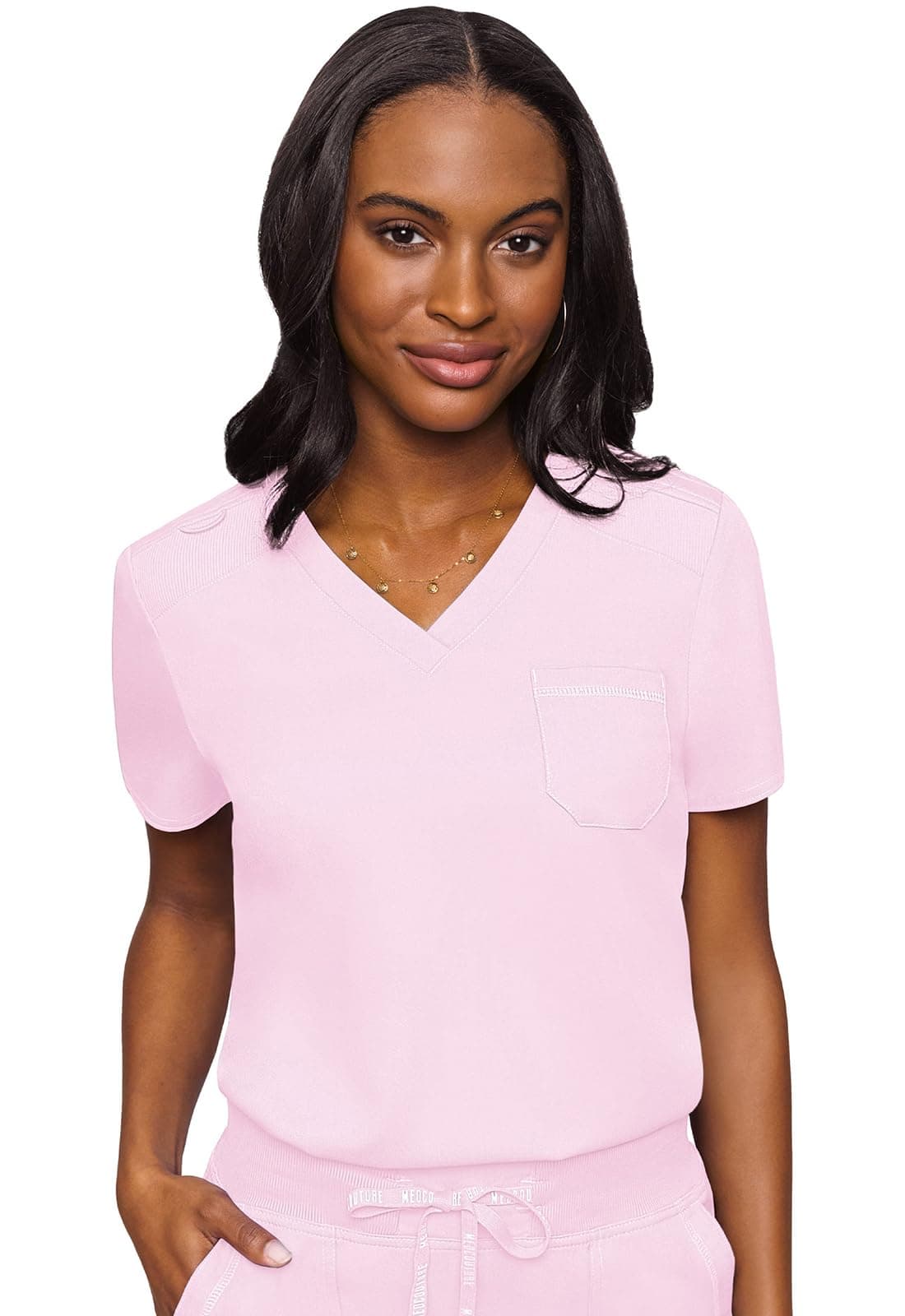 Med Couture Womens VNeck Scrub Top Modern Fit Tuckin Top with Stretchy RibKnit Shoulders and Chest Pocket MC7448 S Ice Pink