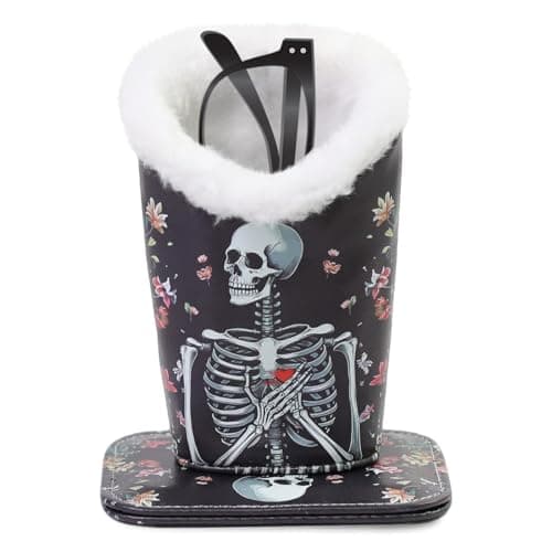 FlyingMage Plush Lined Eyeglasses Holder Cute Magnetic PU Leather Glasses Stand Case for Women Men Kids Black Skull