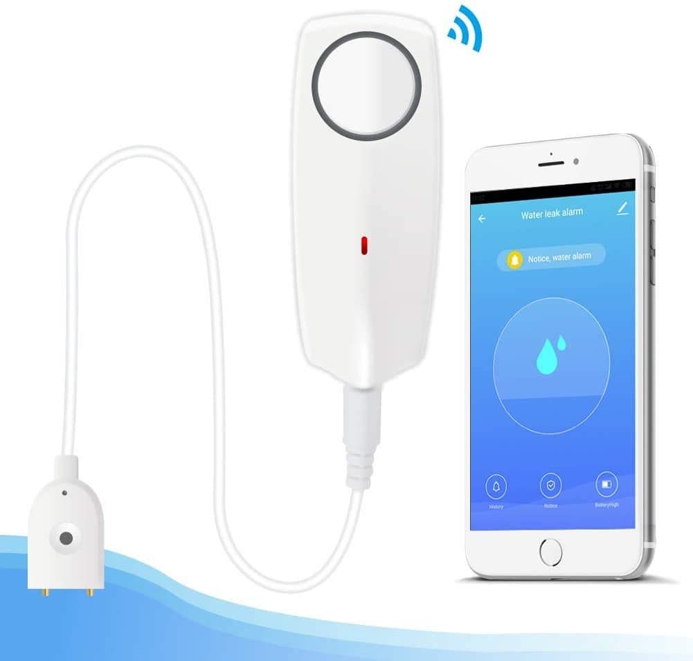 Water Alarm Sensor with 80dB Loud Sound WiFi Leak Detector Overflow Leak Alarm Remote Monitoring leaker for Water Heater Basement Sewage Pump TUYASmart Life APP Notification