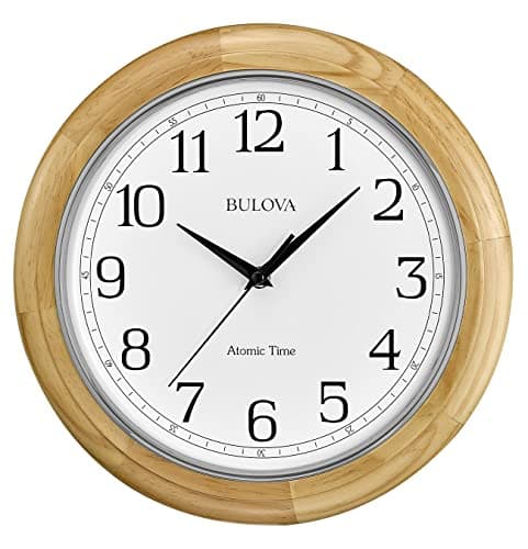 Bulova C5005 Wooden Atomic Analog Wall Clock Automatically Sets Time Large Roman Numerals Battery Operated Traditional Design