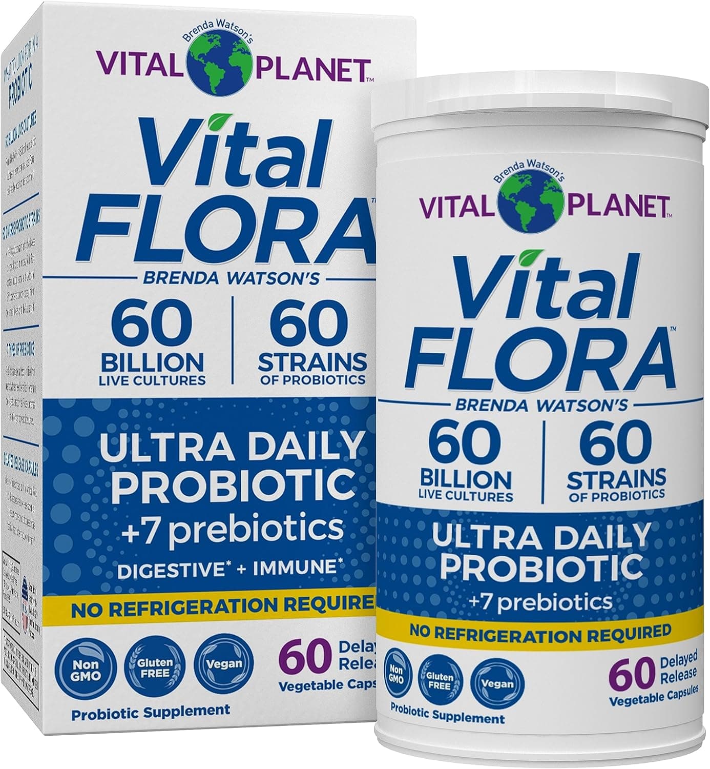 Vital Planet Vital Flora Ultra Daily Probiotic 60 Billion CFU 60 Diverse Strains 7 Organic Prebiotics Immune Support Digestive Health Shelf Stable Probiotics for Women and Men 60 Capsules