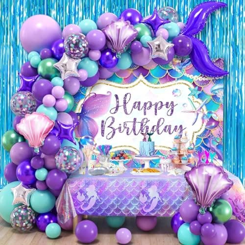 SNLN 139Pcs Mermaid Birthday Party Decorations Supplies for Girl Kid Mermaid Balloon Arch Backdrop Tablecloth Fringe Curtain Tail Shell Star Foil Balloon Princess Themed Mermaids Party Decoration