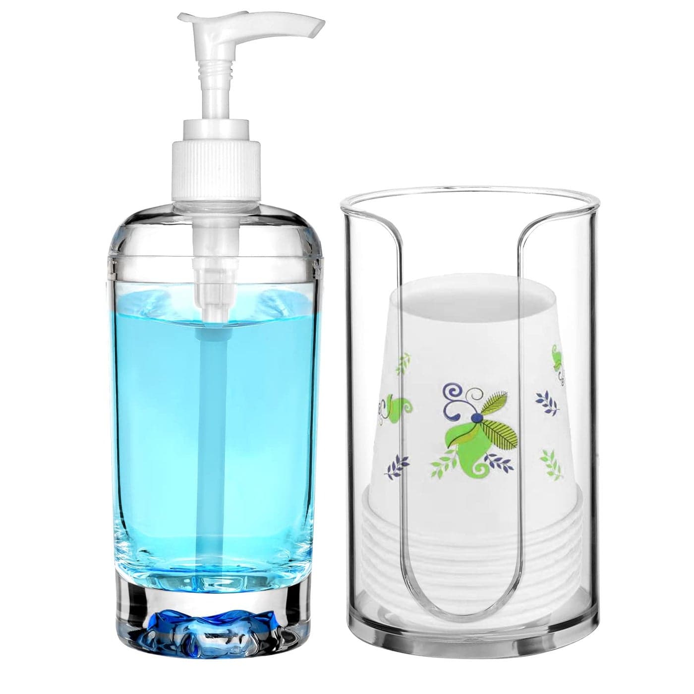 Mouthwash Dispenser for Bathroom Plastic Refillable Mouthwash Dispenser with Paper Cup Holder Clear Mouth Wash Pump Bottle for Guest Bathroom Lavatory Cupboard Countertop 1 Set