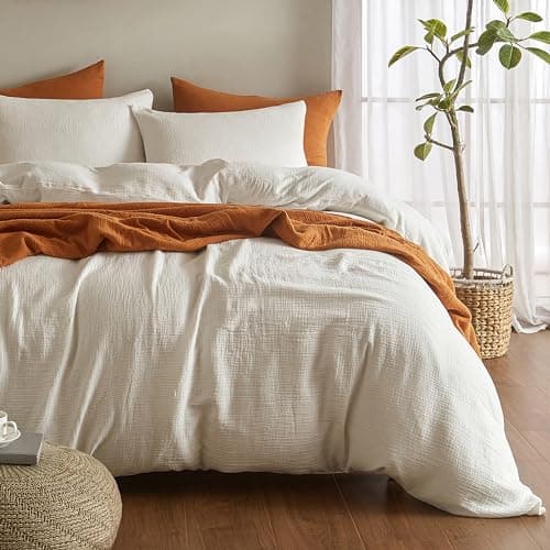SE SOFTEXLY Muslin Duvet Cover California King Size, 100% Washed Cotton Duvet Cover Set, Ultra Soft Comforter Cover Linen Like, 3 Pieces Gauze Duvet Cover with 2 Pillowcases, 98"x104", White