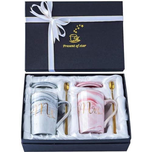 SKYTONE Coffee Mug, Anniversary for Couple Special, Wedding for Couples, Mugs for Coffee, Mug with Lid, Spoon & Coasters with Box, Valentine Set of 2 (Mr & Mrs. Cup)