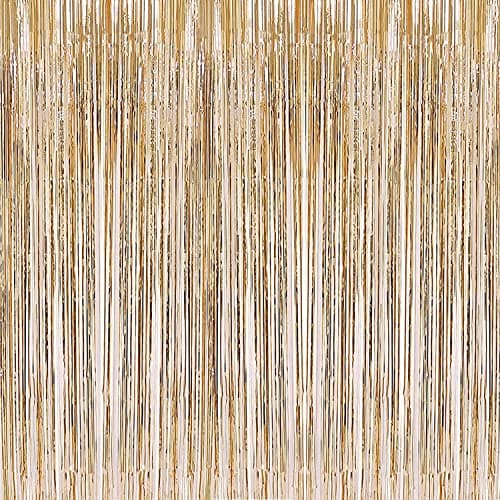 iCHONY 2 Pcs 32ft x 82ft Champagne Gold Metallic Tinsel Foil Fringe Curtains Photo Booth Backdrop for Baby Shower Birthday Wedding Holiday Celebration Bachelorette Party Decorations