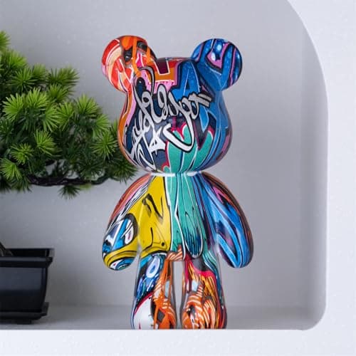 Coniuty Graffiti Bear Statue, Resin Animal Sculpture Home Decor, Art Figurine Home Ornament Decoration for Office, Living Room, Bedroom, Book Shelf, TV Cabinet, Desktop