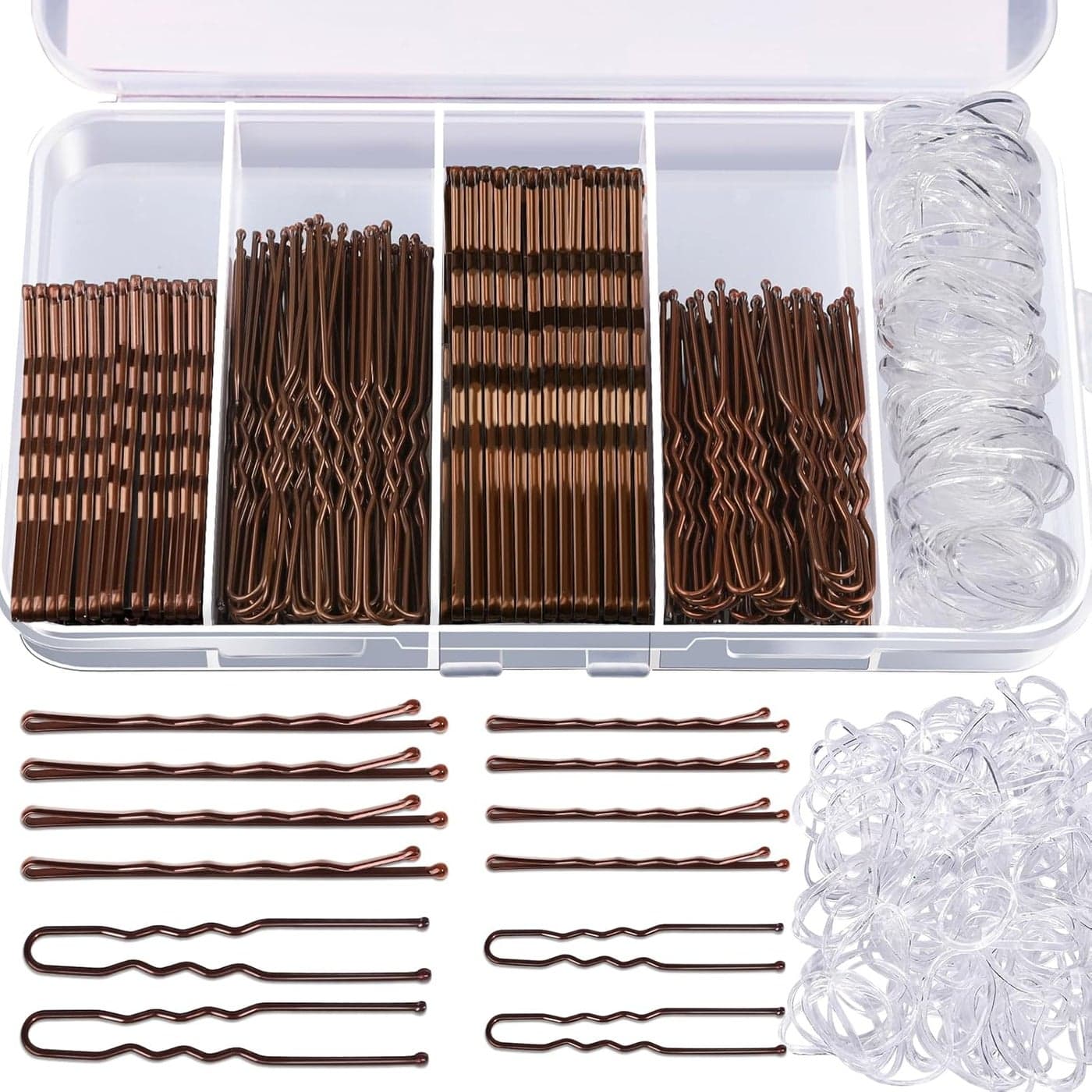 Teenitor 300pcs Bobby Pins Hair Pins Kit 100 Hair Pins for Women 100 Bobby Pins Brown Hair and 100 Hair Bands Hair Pins for Buns U Shape Pins 2inch 236inch Bobby Pins for Women 2inch 275inch