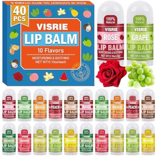 VISRIE 40 Pack Mini Lip Balm Bulk, Natural Lip Balm with Vitamin E & Beeswax, Moisturizing Lip Care for Dry Lips, Perfect for Party Favors, Care Packages & Small Gifts