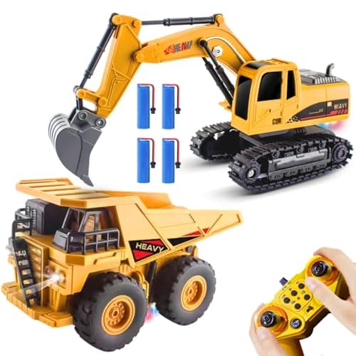RC Excavator and Dump Truck Toy Set for Kids 24Ghz 11 Channel Dual Control Remote Control Construction Vehicle with Light Sound Music Auto Demo Christmas Birthday Gifts for Boys Girls Ages 38