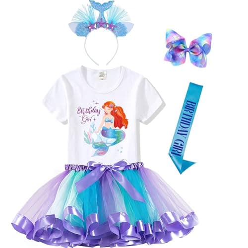 Mermaid Outfit Set – Shirt, Rainbow Tutu Dress, Satin Sash, Headband – Birthday Gifts for Girls Costume (Rainbow Mermaid 2, 6 Years)