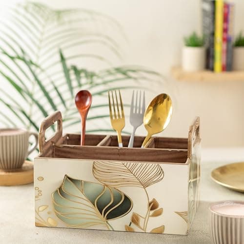CivanaHomes™ Wooden Cutlery Holder with Gold Engraving | Pack of 1 | Size : 9 x 7 x 5.5 inch | Enamel Coated Waterproof | Cutlery Holder for Dining Table | (White Leaf)
