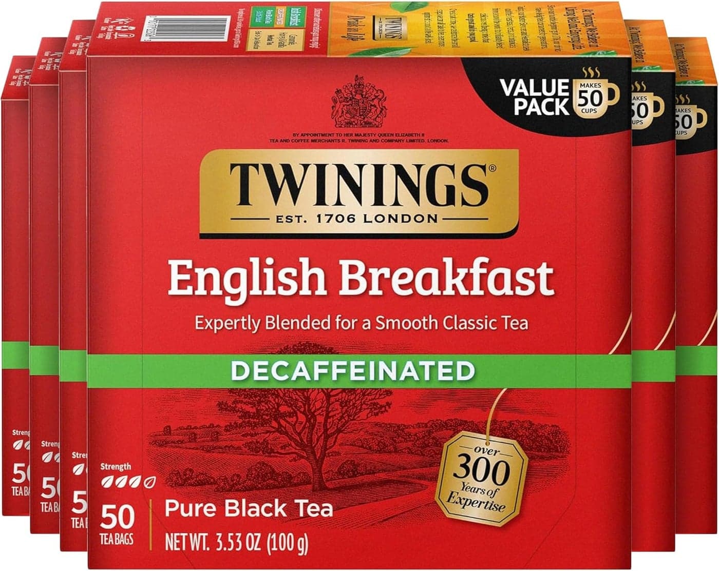 Twinings Decaffeinated English Breakfast Black Tea Bags - 50 Count (Pack of 6) - Flavorful and Robust Tea for Hot or Iced Enjoyment