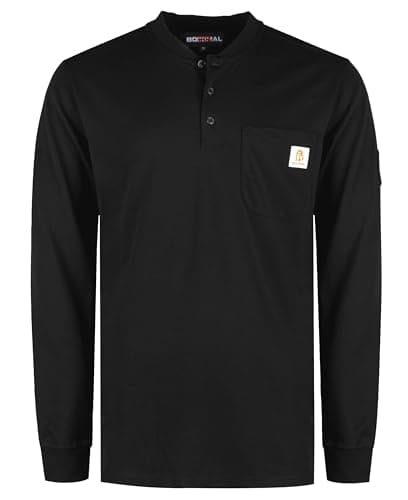 BOCOMAL Men's FR Shirt - Flame Resistant NFPA2112/CAT2 7oz Long Sleeve Henley - Black Fire Retardant T-Shirt