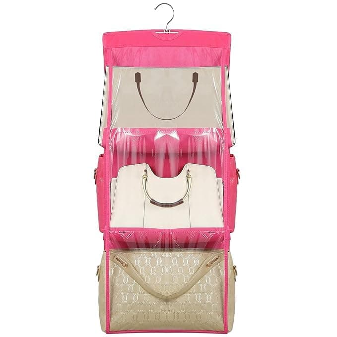 AWICKTIK Hanging Handbag Organizer DustProof Storage Holder Bag Wardrobe Closet for Purse Clutch with 6 Pockets Pink Non Woven FabricMatte