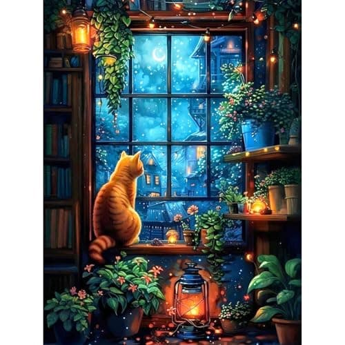 Camocin Diamond Art Kits for Adults Cat 5D Window Landscape Diamond Painting Kits for Adults Beginners DIY Potted Plant Full Round Dots Drill Gem Art Kit for Gift Home Wall Decor 12 x 16 Inch