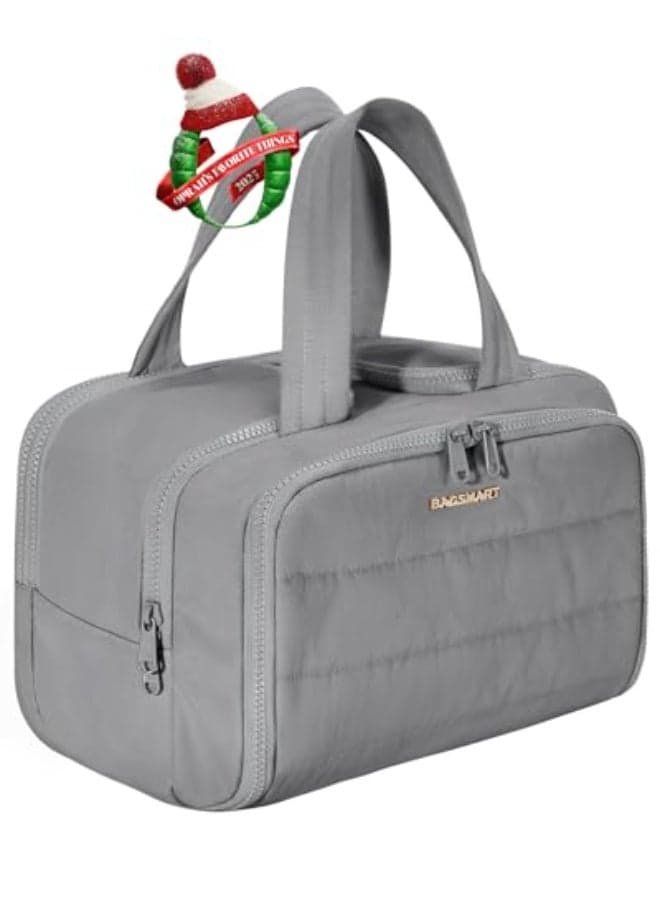 BAGSMART Travel Toiletry Bag Lightweight Large Wideopen Travel Bag for Women Puffy Cosmetic Makeup Bag Organizer with Handle for AccessoriesEssentials Toiletries Grey