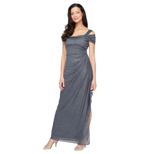 Alex Evenings Women's Long Cold Shoulder Dress (Petite and Regular Sizes), Smoke Glitter, 16