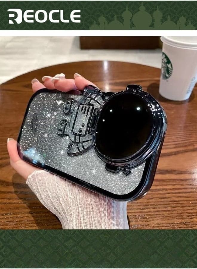 Astronaut Hidden Stand Phone Case for iPhone 14 Pro Max Astronaut Lens Camera Protector Kickstand Luxury Glitter Bling 6D Electroplated Clear Soft TPU Protector
