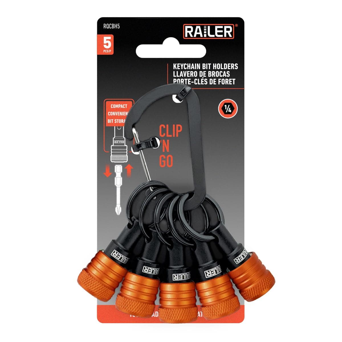 Railer Bit Holder Keychain 5pc 14 inch Hex Shank Bit Holders Quick Release Bit Holder for Nut Driver Screwdriver Drill Bits wKey Chain Carabiner