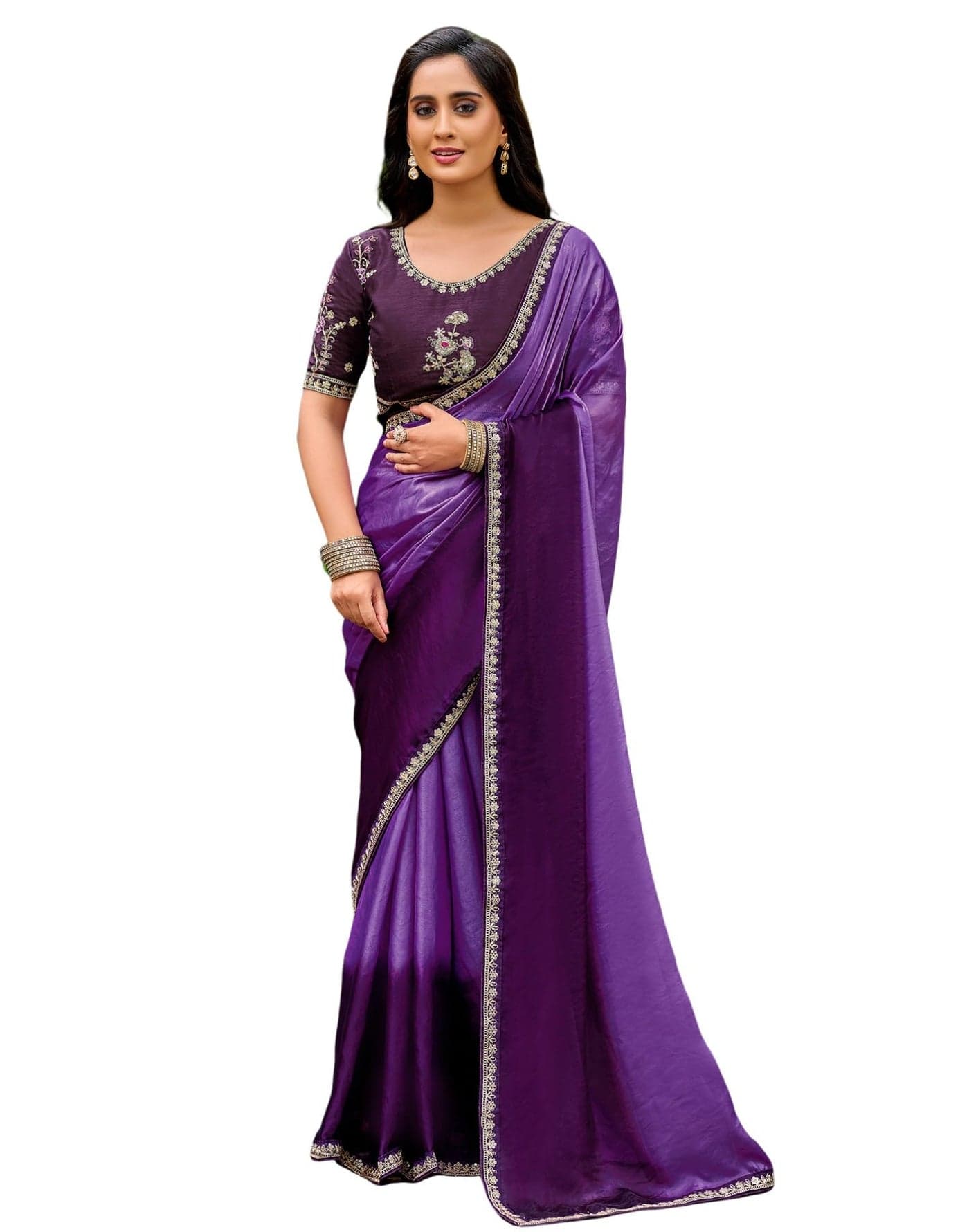 SIRIL Women's Tissue Silk Sequence Embroidery Lace Ombre Saree With Embroidery Unstitched Blouse Piece (4864S871_Purple)
