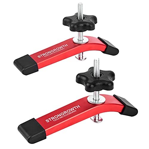 STRONGROWTH T track Hold Down Clamps - Double Cut Profile Universal T-Track Clamps, 6-3/8"L x 1-1/4"W -Woodworking and t slot clamp - Fine Sandblast Anodized - Red Color-2PK