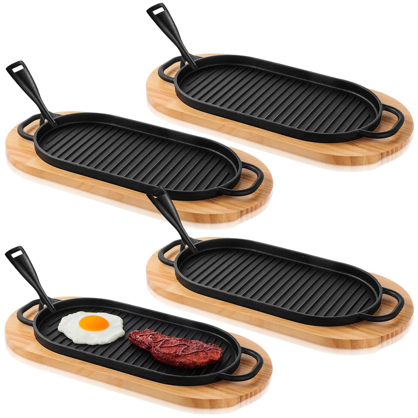 Yiyiring 4 Pcs Cast Iron Fajita Skillet Pan Set Sizzling Steak Plate with Wooden Base and Removable Handle Cast Iron Grill Frying Pan for Home Restaurant Kitchen Cooking 12 x 63 Inch