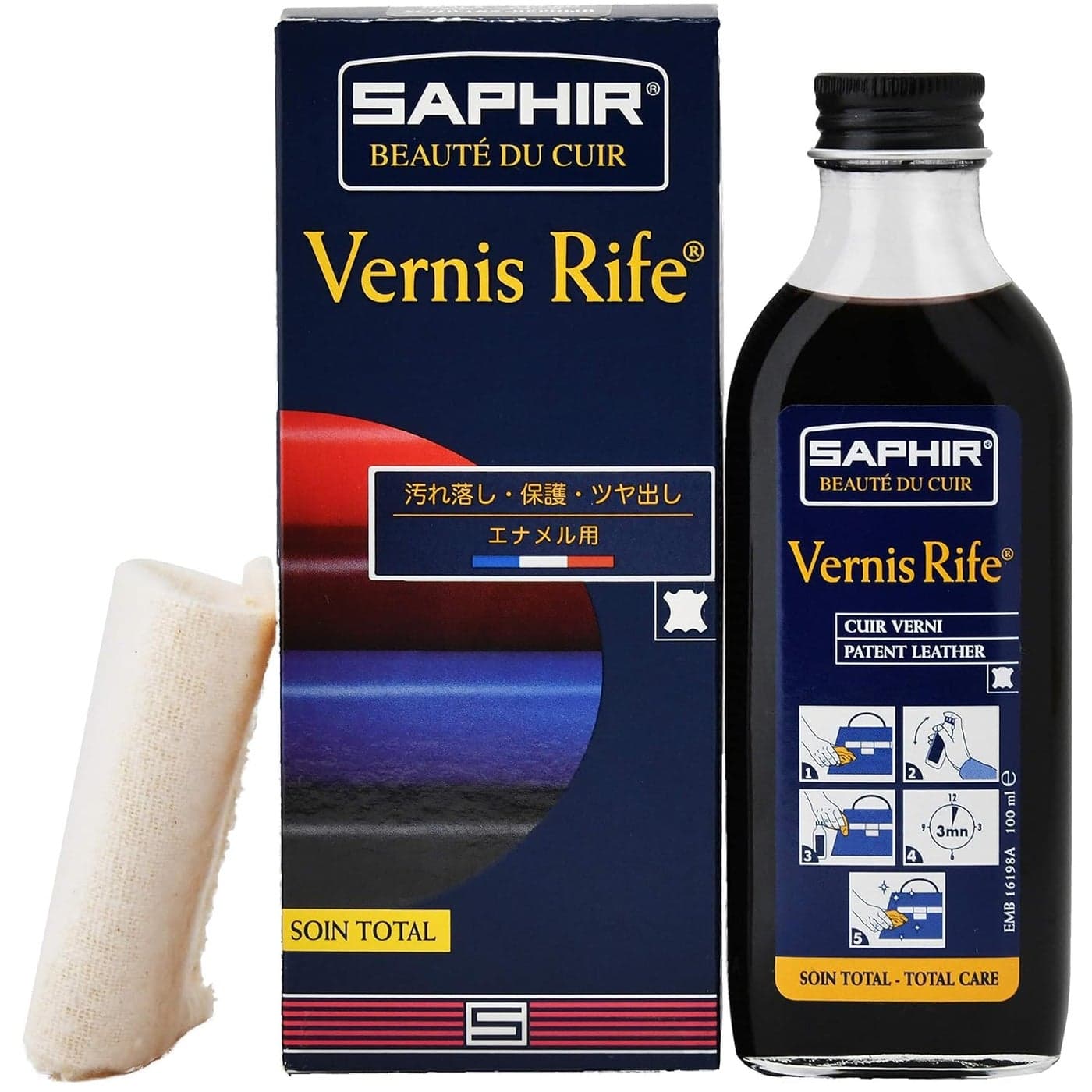 SAPHIR Vernis Rife - Patent Leather Cleaner - Shine, Clean and Protect against Cracking - Black - 100mL
