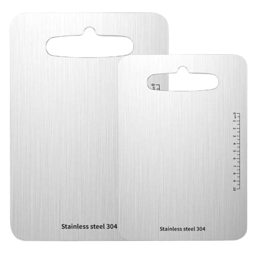 QinSuiKai 2Pcs 304 Stainless Steel Cutting Boards, 14" x 9.8" and 11.4" x7.9" 2 Pack Titanium Cutting Boards for Kitchen, Thickened Heavy Duty Steel Chopping Boards With Clear Scale for Kitchen