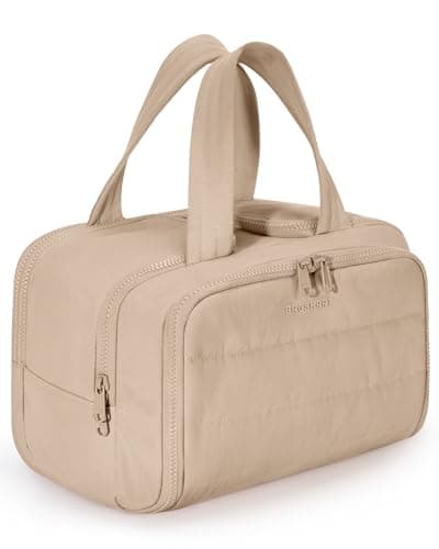 BAGSMART Travel Toiletry Bag Puffy Toiletry Bag for Women Wideopen toiletry bags for traveling Large Travel Cosmetic Makeup Bag Organizer for AccessoriesToiletrie Khaki