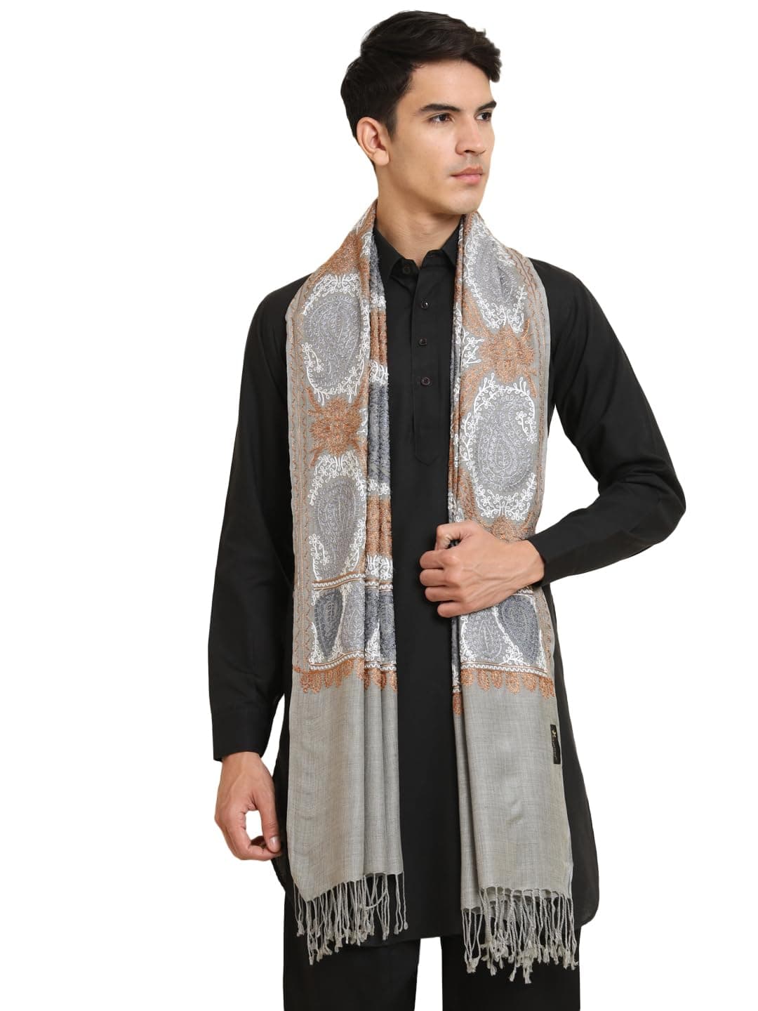 Zamour Embroidered Fashion Scarf Stole for Men, Nalki Embroidery Patterns, Light Weight Fine Woollen Material, Party Wear Ethnic Look Shawl (Grey)